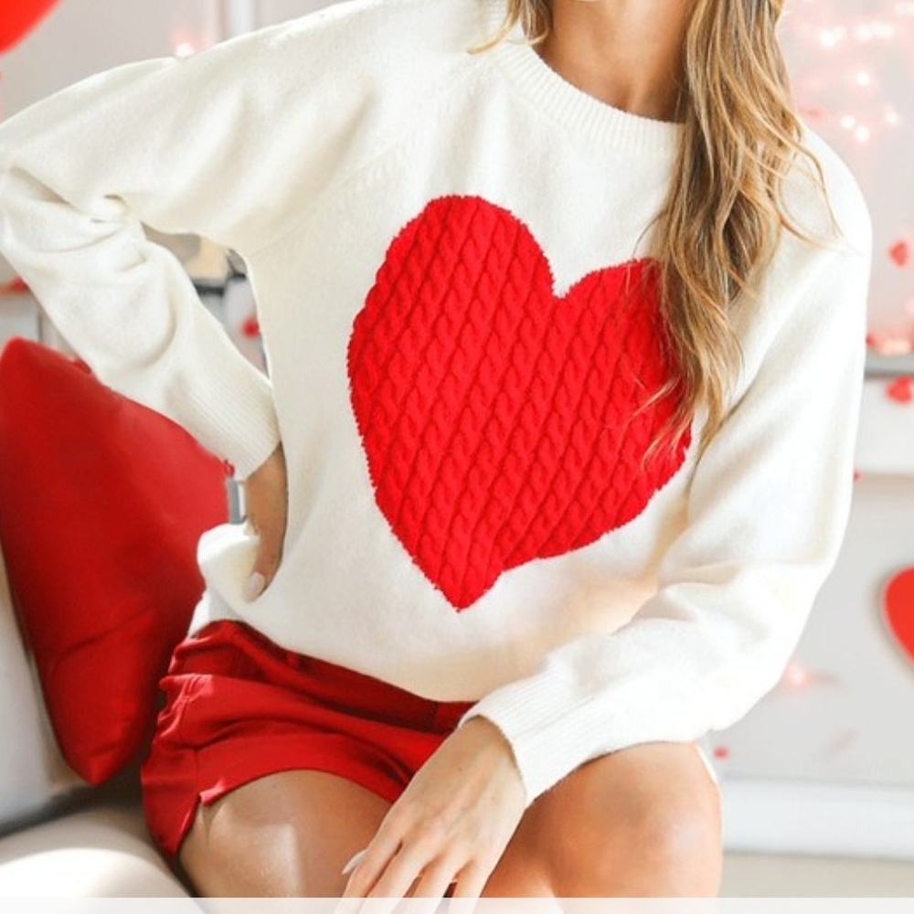 Women's White Sweater with Red Heart